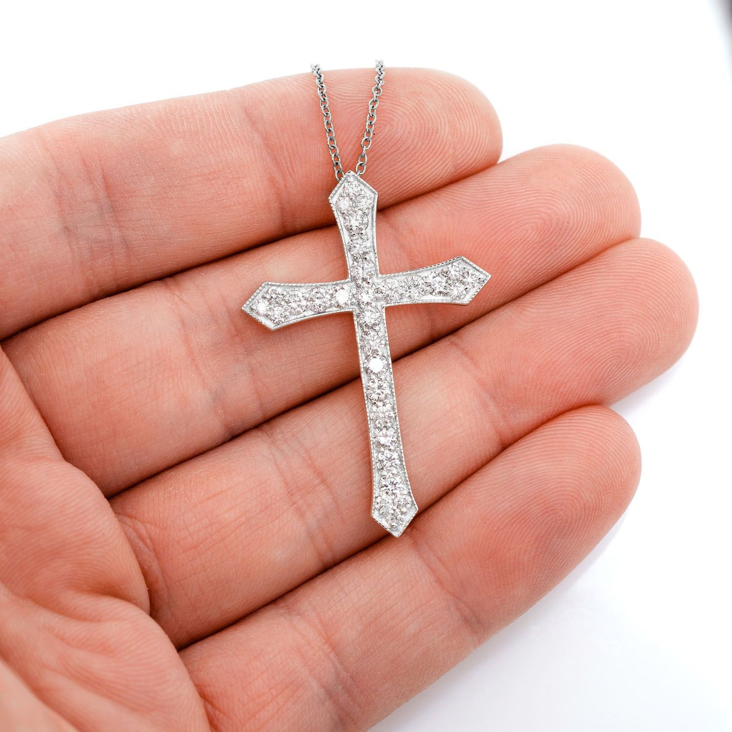 BEADED DIAMOND CROSS PENDANT NECKLACE ATTACHED 14K SOLID GOLD 1.85CTW