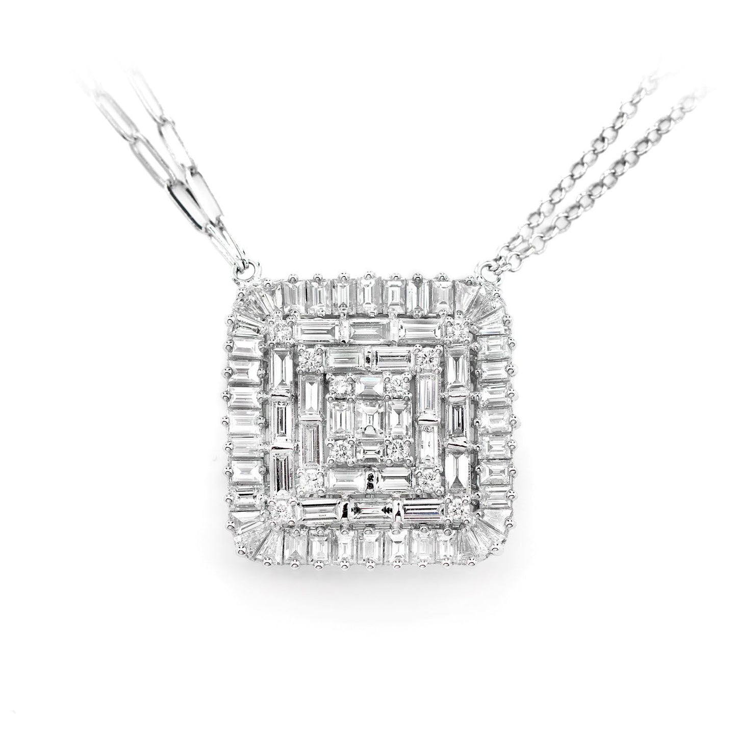 THREE LAYER BAGUETTE SQUARE LAYER PENDANT ATTACHED WITH DUAL CHAIN NECKLACE 14K SOLID GOLD 4.05CTW