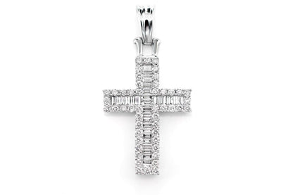 Pandantiv cruce cu diamant, aur masiv de 14K, 0.95 ct, model baghetă, cu halou