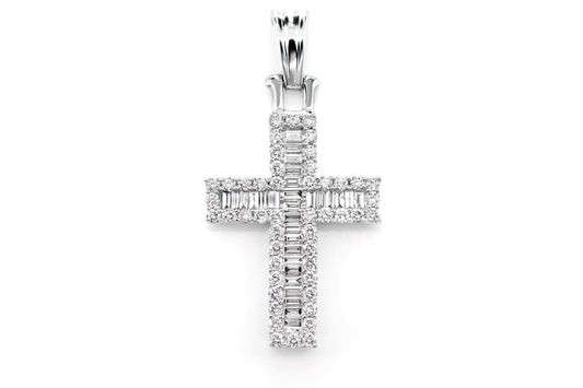 BAGUETTE HALO DIAMOND CROSS PENDANT 14K SOLID GOLD 0.95CTW