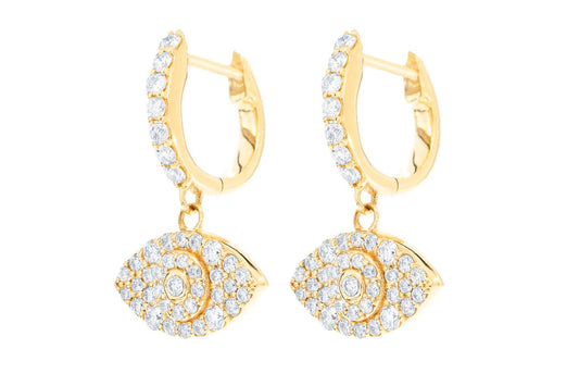 EVIL EYE DANGLING HOOP DIAMOND EARRINGS 14K SOLID GOLD 0.50CTW