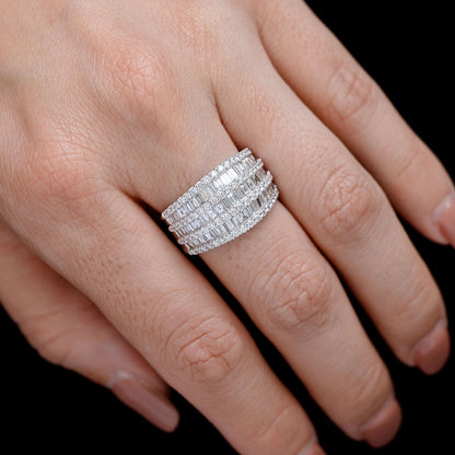 TAPERED THREE ROW BAGUETTE AND ROUND DIAMOND RING 14K SOLID GOLD 2.35CTW