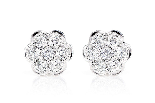 CERCEI ȘTIF CU DIAMANTE, FORMAT MILGRAIN FLOWER, AUR MASIV DE 14K, 0.25CT