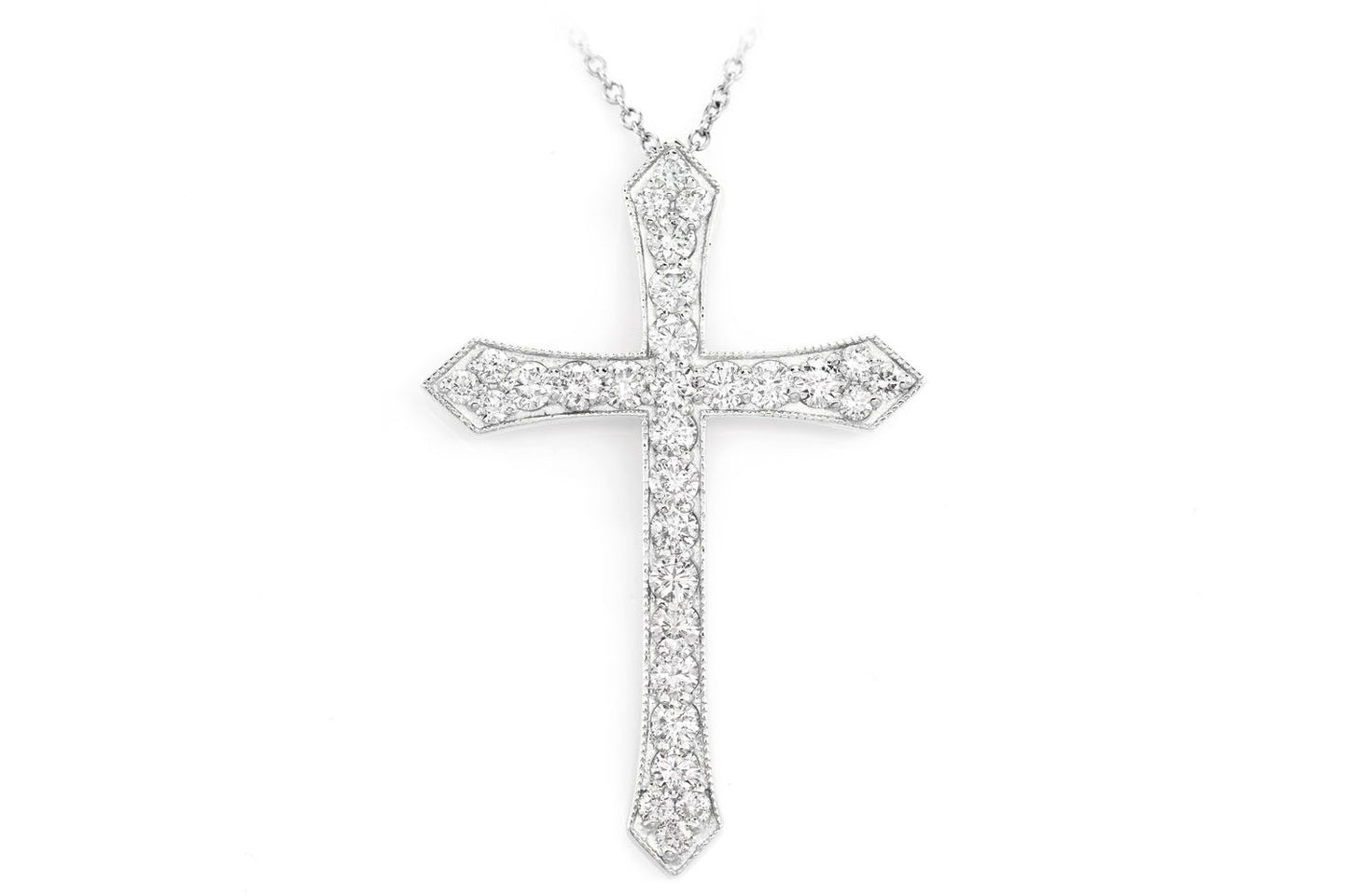 BEADED DIAMOND CROSS PENDANT NECKLACE ATTACHED 14K SOLID GOLD 1.85CTW