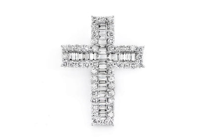 ROUND BORDER BAGUETTE DIAMOND CROSS PENDANT 14K SOLID GOLD 1.00CTW