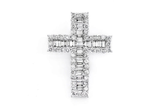 ROUND BORDER BAGUETTE DIAMOND CROSS PENDANT 14K SOLID GOLD 1.00CTW