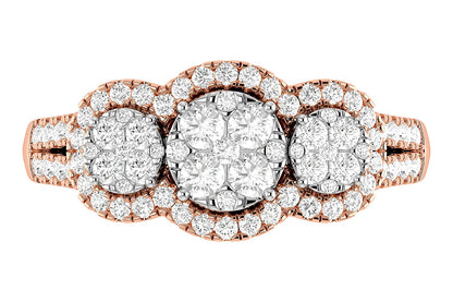 3 STONE CLUSTER SPLIT SHANK DIAMOND ENGAGEMENT RING 0.85CTW - 14K SOLID GOLD