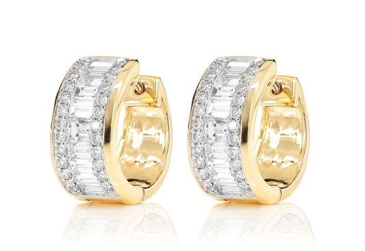 BAGUETTE AND ROUND DIAMOND BORDER HOOP EARRINGS 14K SOLID GOLD 1.80CTW