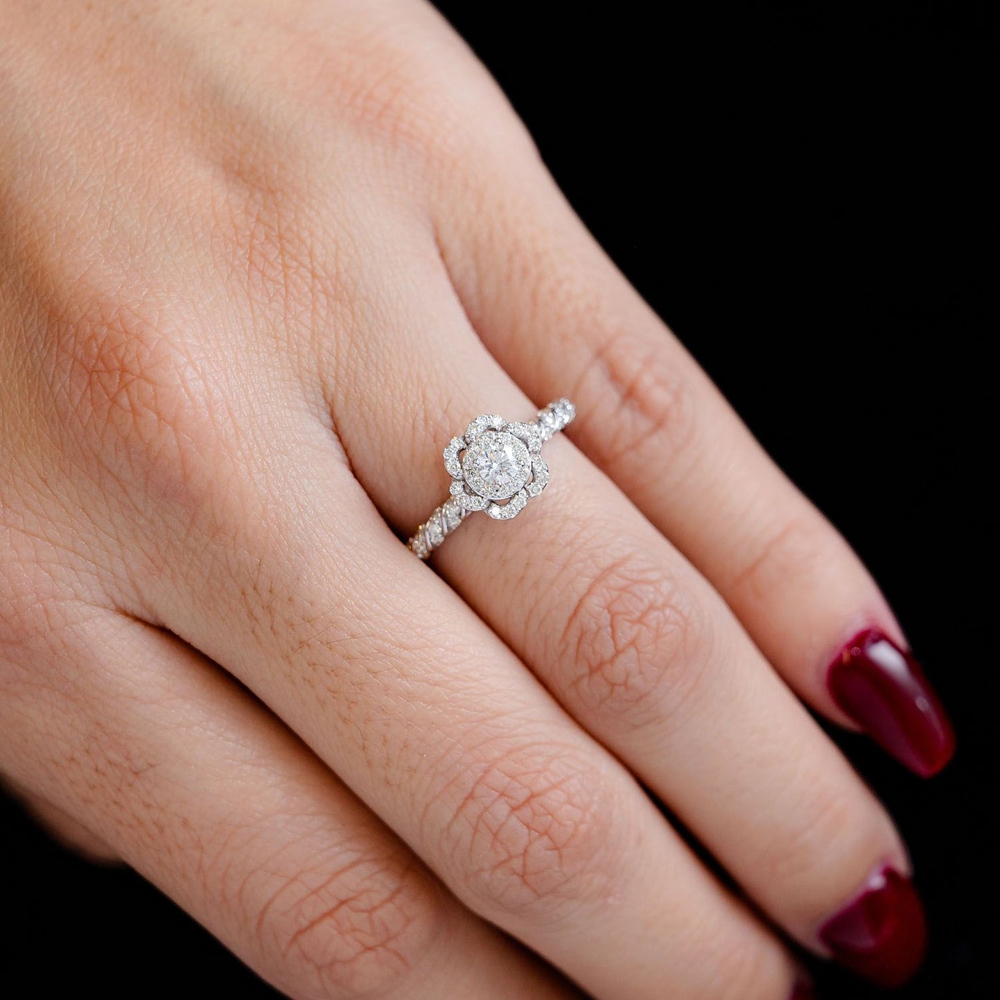TWIST FLOWER HALO RING 14K SOLID GOLD 0.50CTW