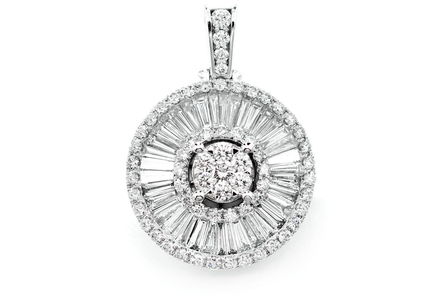 ROUND AND BAGUETTE CLUSTER HALO PENDANT 14K SOLID GOLD 2.95CTW