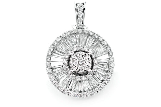 ROUND AND BAGUETTE CLUSTER HALO PENDANT 14K SOLID GOLD 2.95CTW