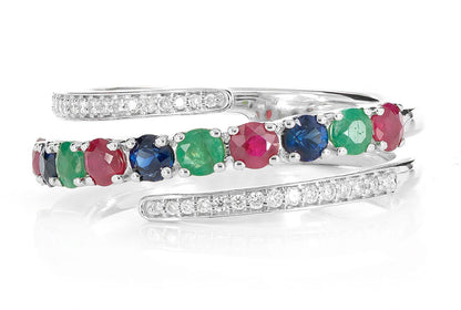 TRI COLORED GEM AND DIAMOND SEMI WRAP RING 14K SOLID GOLD 1.00CTW