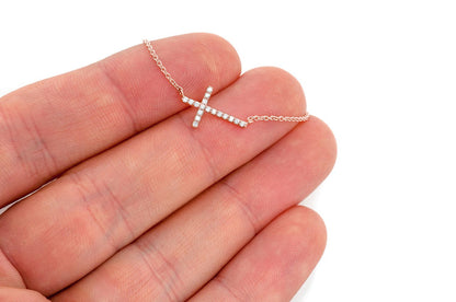 SIDEWAYS CROSS DIAMOND NECKLACE CONNECTED 14K SOLID GOLD 0.10CTW