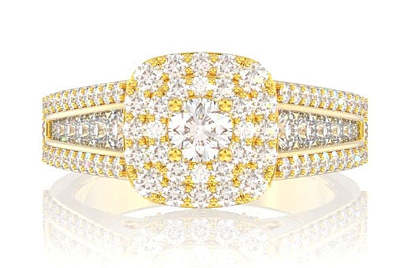 INEL DE LOGODNĂ CU DIAMANTE, CU HALO DUBLU ȘI TRIPLU BEZEL, AUR MASIV DE 14K - 1.50CTW