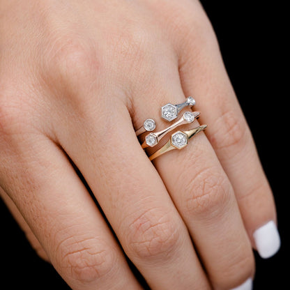 TRI COLOR SCATTERED GYPSY SET DIAMOND MULTI ROW RING 14K SOLID GOLD 0.33CTW