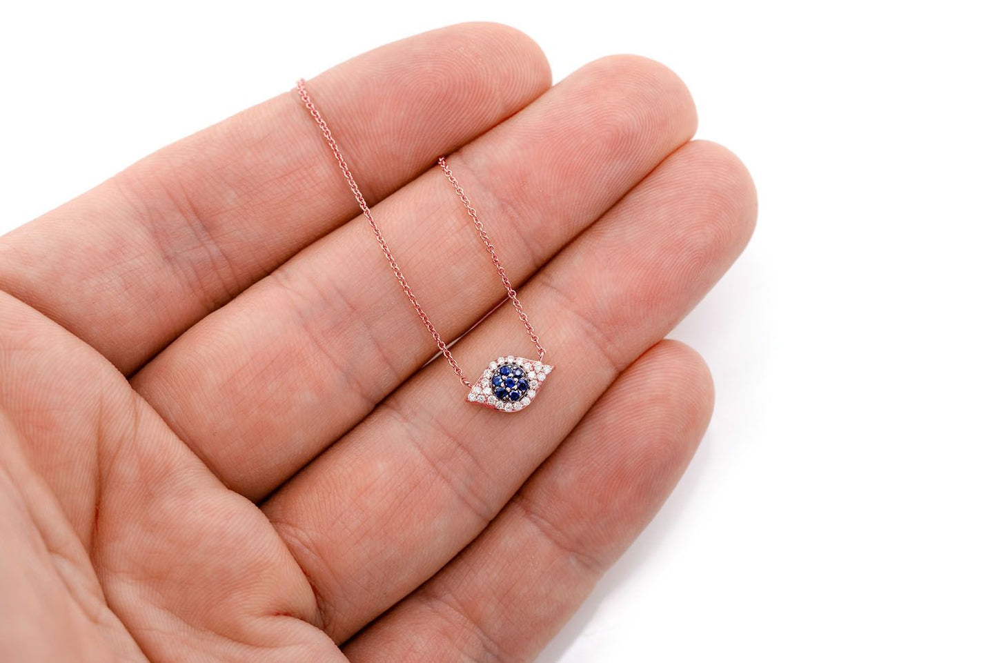 EVIL EYE SAPPHIRE & DIAMOND NECKLACE 14K SOLID GOLD 0.20CTW