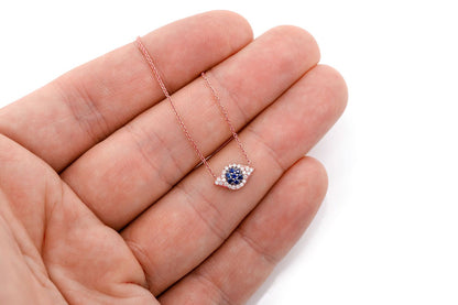 EVIL EYE SAPPHIRE & DIAMOND NECKLACE 14K SOLID GOLD 0.20CTW