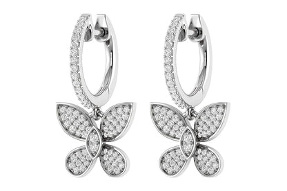 BUTTERFLY DANGLING DIAMOND HOOP EARRINGS 14K SOLID GOLD 0.45CTW
