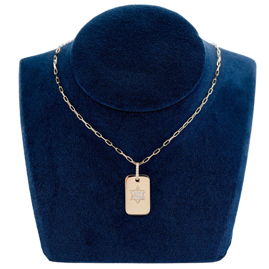 STAR OF DAVID DOG TAG DIAMOND NECKLACE ATTACHED 14K SOLID GOLD 0.19CTW