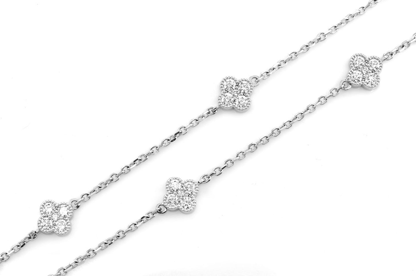 DIAMOND MILGRAIN CLOVER STATION NECKLACE 14K SOLID GOLD 2.35CTW