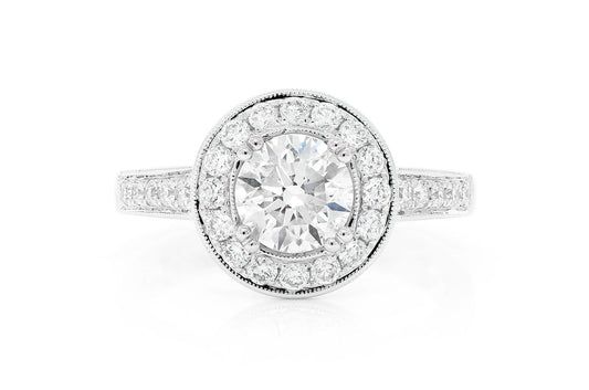 1.00CT ROUND SOLITAIRE - MILGRAIN HALO RING - ENGAGEMENT RING
