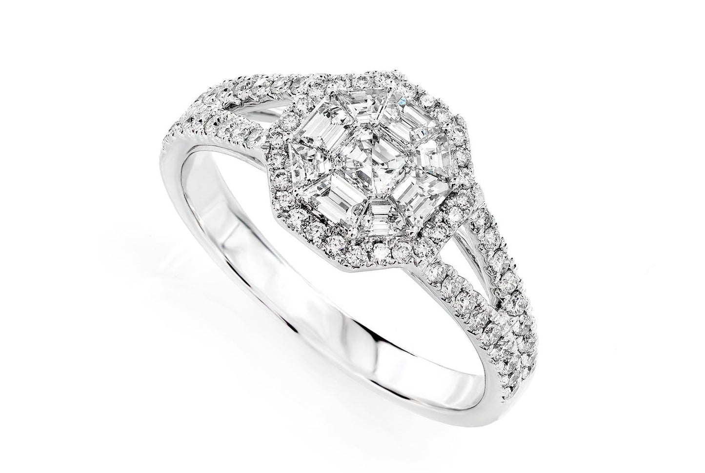 0.95CTW OCTAGON HALO SPLIT SHANK DIAMOND ENGAGEMENT RING 14K SOLID GOLD