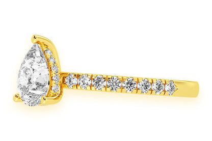 THINN - 1.00CT PEAR SOLITAIRE - ONE ROW UNDER HALO - DIAMOND ENGAGEMENT RING