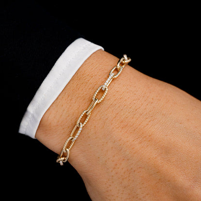 DIAMOND PAVE ENLONGATED ROLO LINK BRACELET 14K SOLID GOLD 0.70CTW