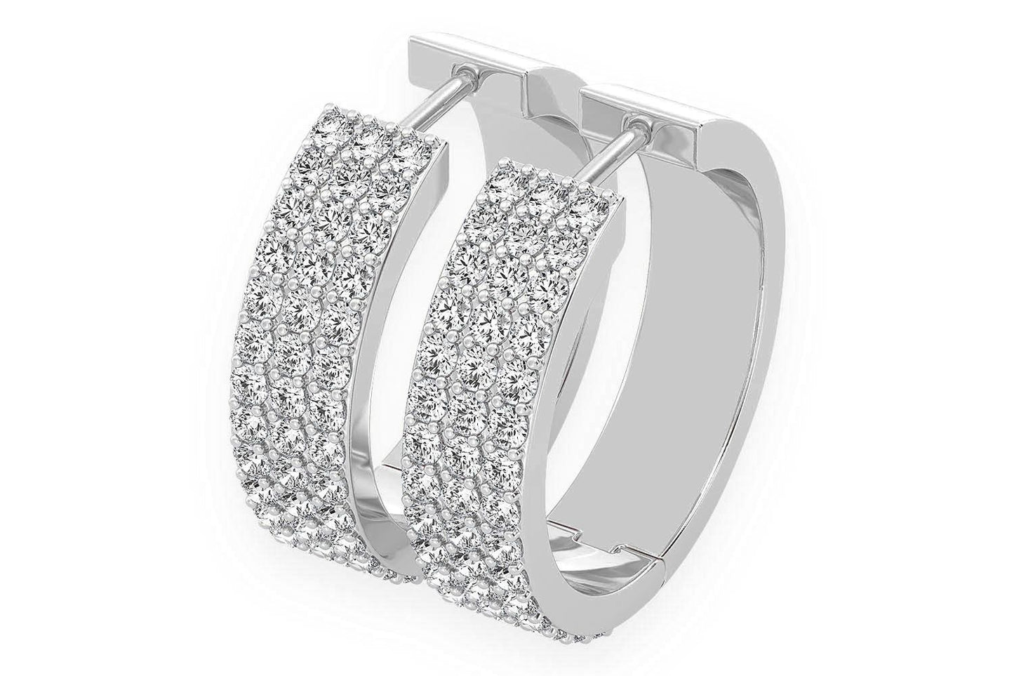THREE ROW HOOP DIAMOND EARRINGS 14K SOLID GOLD 1.75CTW