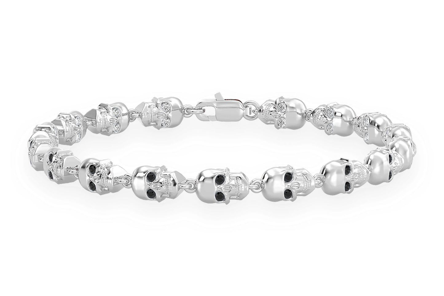 BLACK DIAMOND & WHITE DIAMOND SKULL LINK BRACELET 14K SOLID GOLD 1.50CTW