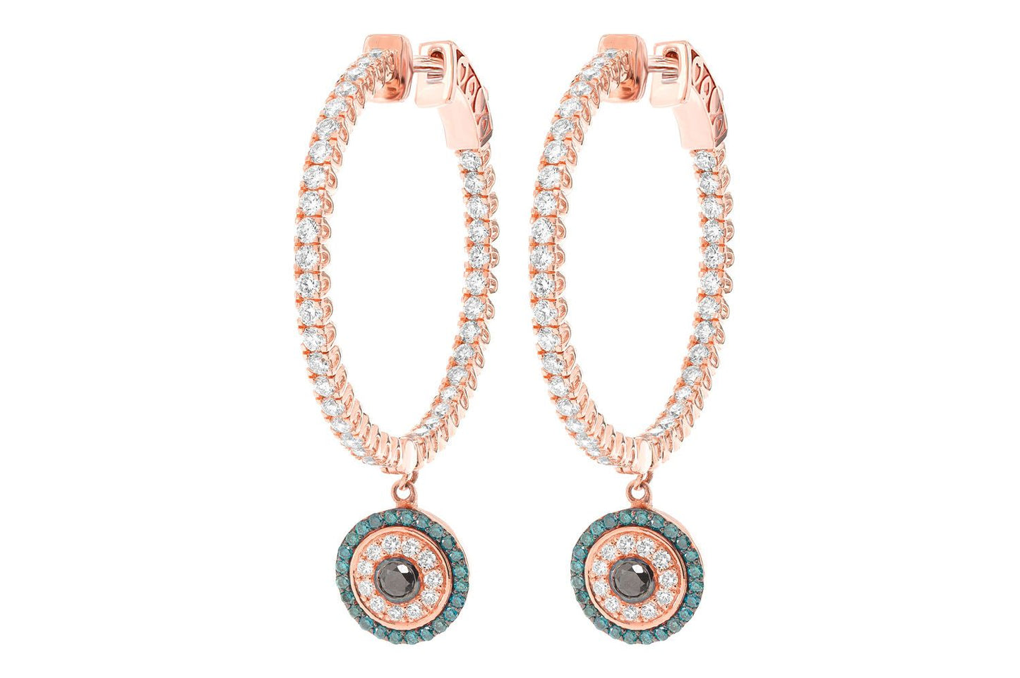 EVIL EYE ROUND DANGLING DIAMOND HOOP EARRINGS 14K SOLID GOLD 2.20CTW