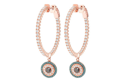 EVIL EYE ROUND DANGLING DIAMOND HOOP EARRINGS 14K SOLID GOLD 2.20CTW