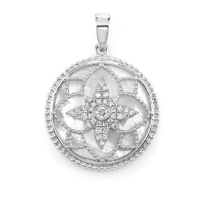 MOTHER OF PEARL AND DIAMOND MILGRAIN FLOWER MEDALLION PENDANT 14K SOLID GOLD 3.00CTW