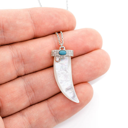 MOTHER OF PEARL HORN DIAMOND TURQUOISE PENDANT & NECKLACE 14K SOLID GOLD