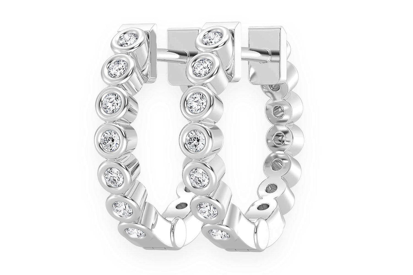 BEZEL HOOP DIAMOND EARRINGS 14K SOLID GOLD 0.10CTW