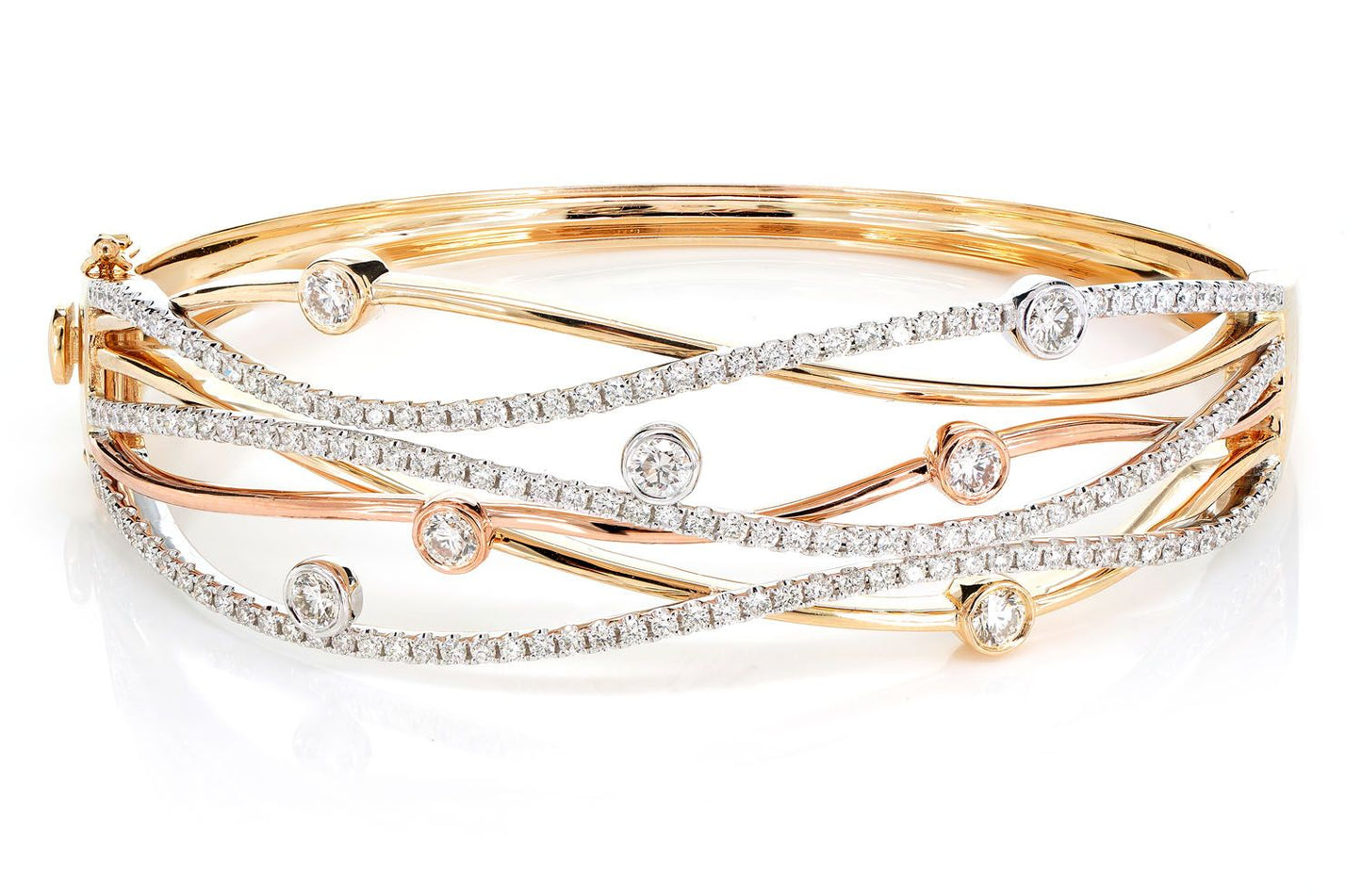 TRI TONE SIX ROW SCATTERED BEZEL DIAMOND TWIST BANGLE BRACELET 14K SOLID GOLD 2.40CTW