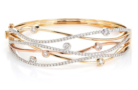 TRI TONE SIX ROW SCATTERED BEZEL DIAMOND TWIST BANGLE BRACELET 14K SOLID GOLD 2.40CTW