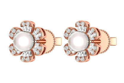 PEARL DIAMOND DAISY STUD EARRINGS 14K SOLID GOLD 0.30CTW