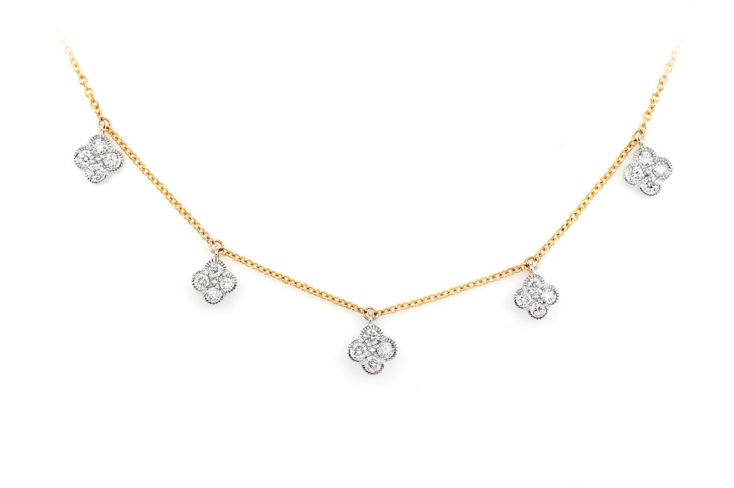 COLIER CU CINCI STĂȚII CU TRIFOI MILGRAIN ȘI DIAMANTE, AUR MASIV DE 14K, 0.35CT