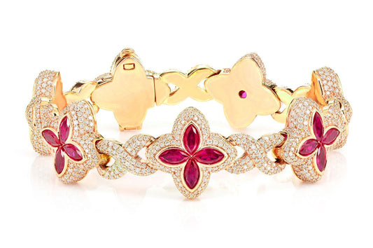 BRĂȚARĂ CU VERIGĂ INFINITĂ ȘI RUBY DIAMOND, FLOARE MARQUISE, AUR MASIV, 19.60 CT