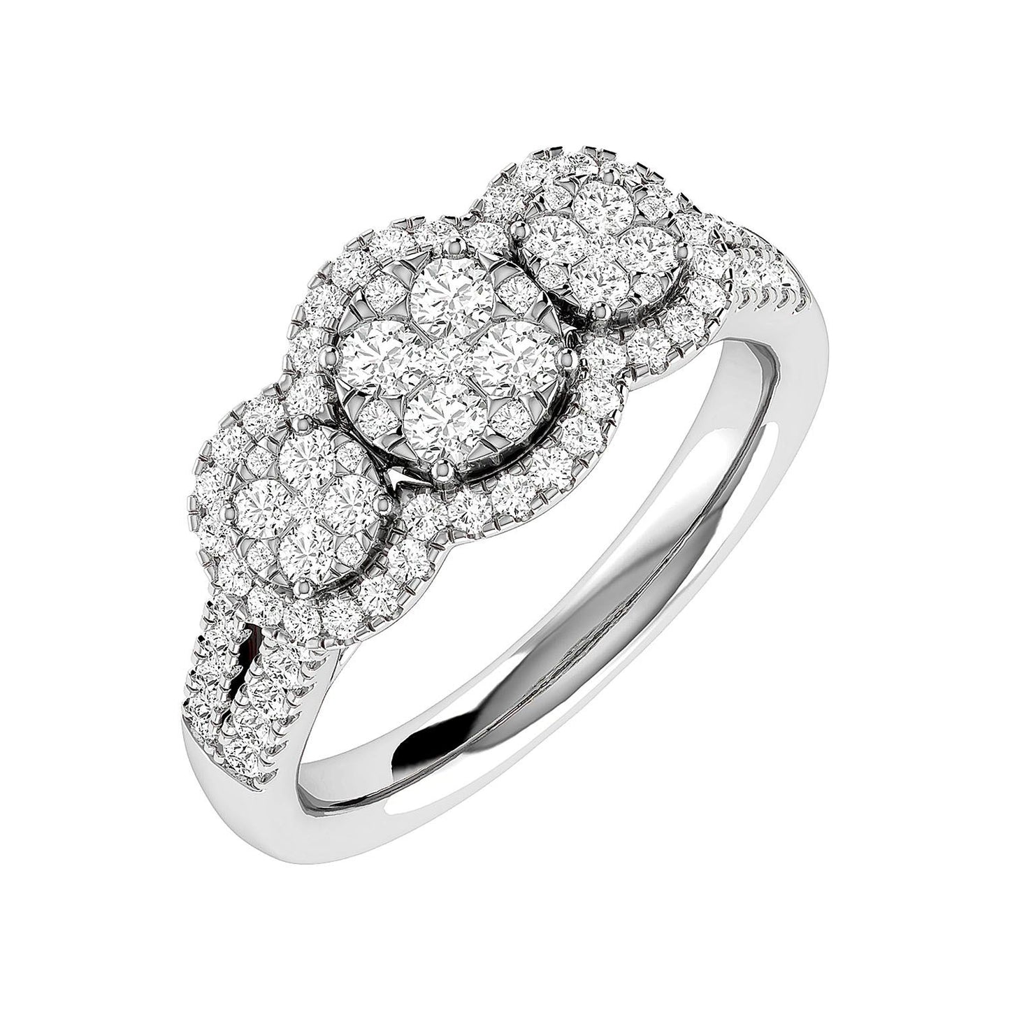 3 STONE CLUSTER SPLIT SHANK DIAMOND ENGAGEMENT RING 0.85CTW - 14K SOLID GOLD