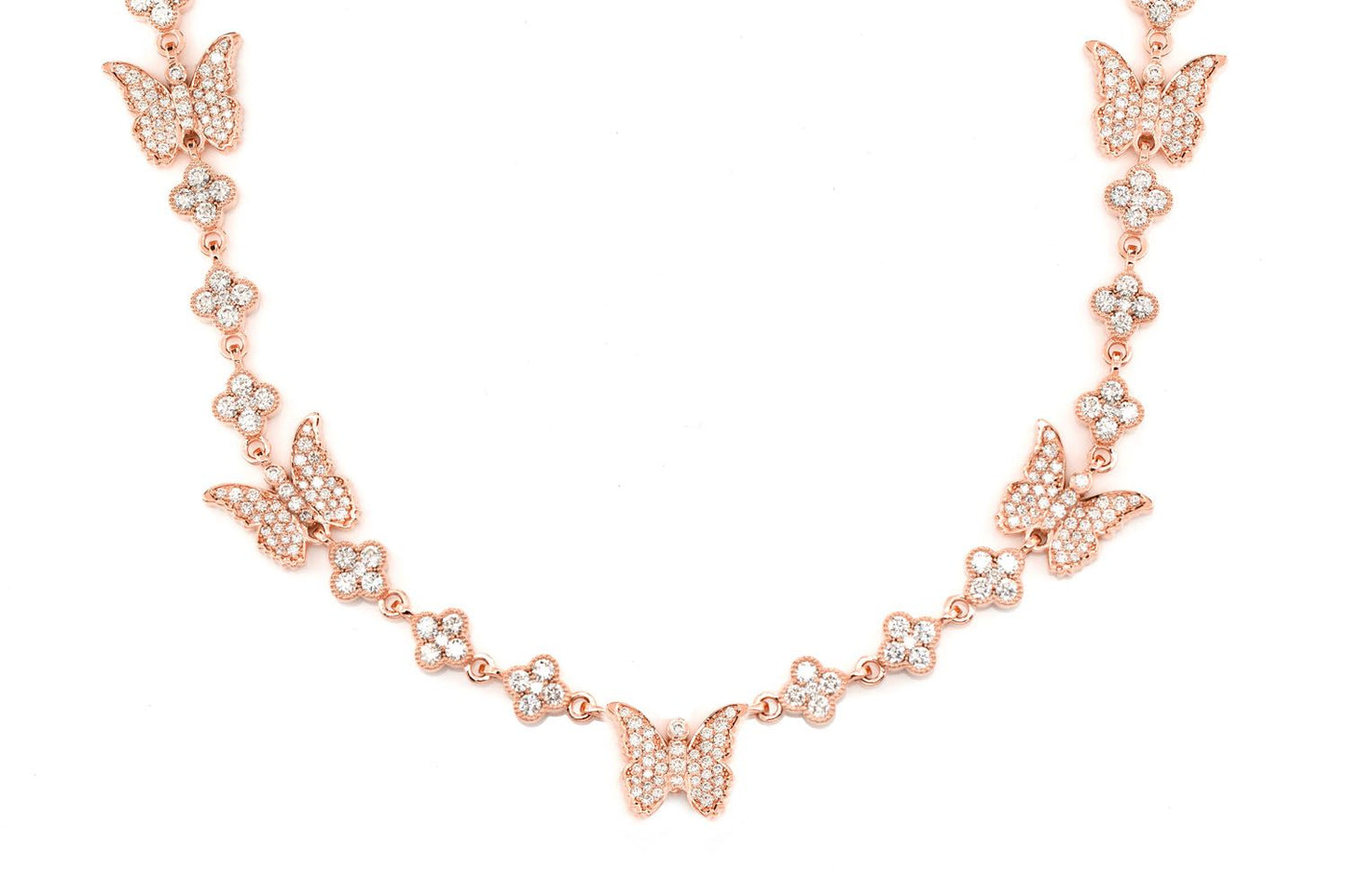 BUTTERFLY CLOVER DIAMOND STATION CHAIN 14K SOLID GOLD 7.20CTW