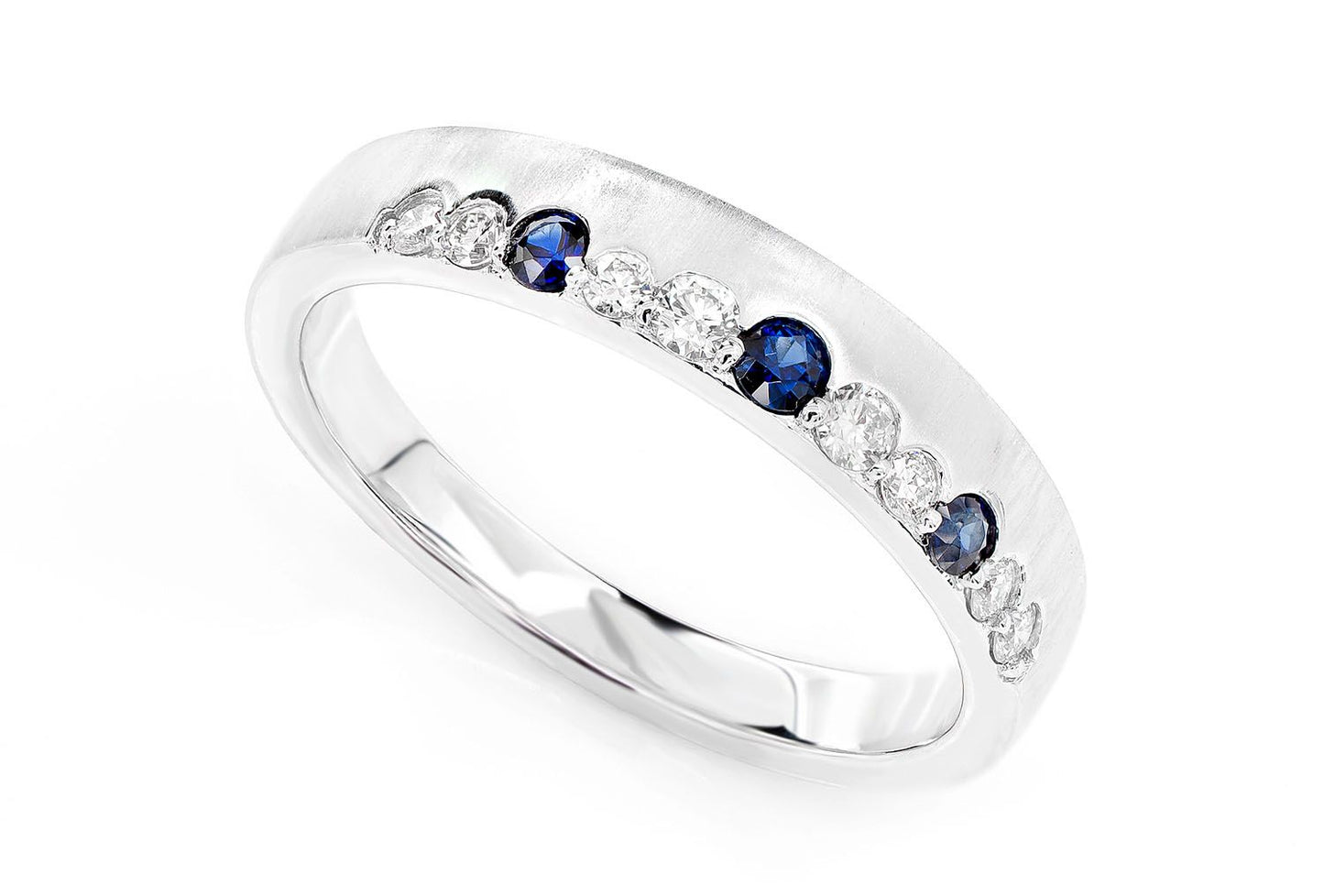 ONE ROW GYPSY SET SAPPHIRE & DIAMOND BAND RING 14K SOLID GOLD 0.33CTW