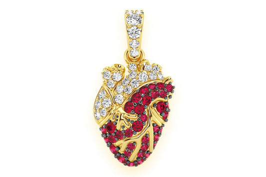 HUMAN HEART RUBY & DIAMOND PENDANT 14K SOLID GOLD .40CTW