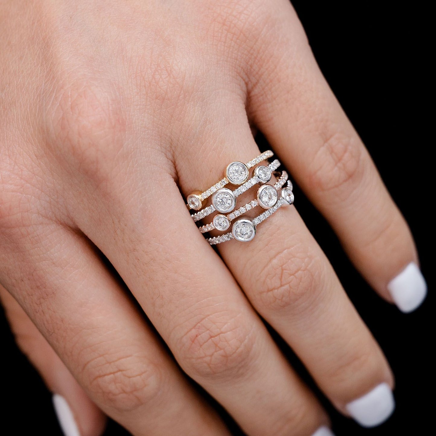 FOUR ROW TRI COLOR BEZEL DIAMOND RING 14K SOLID GOLD 0.45CTW