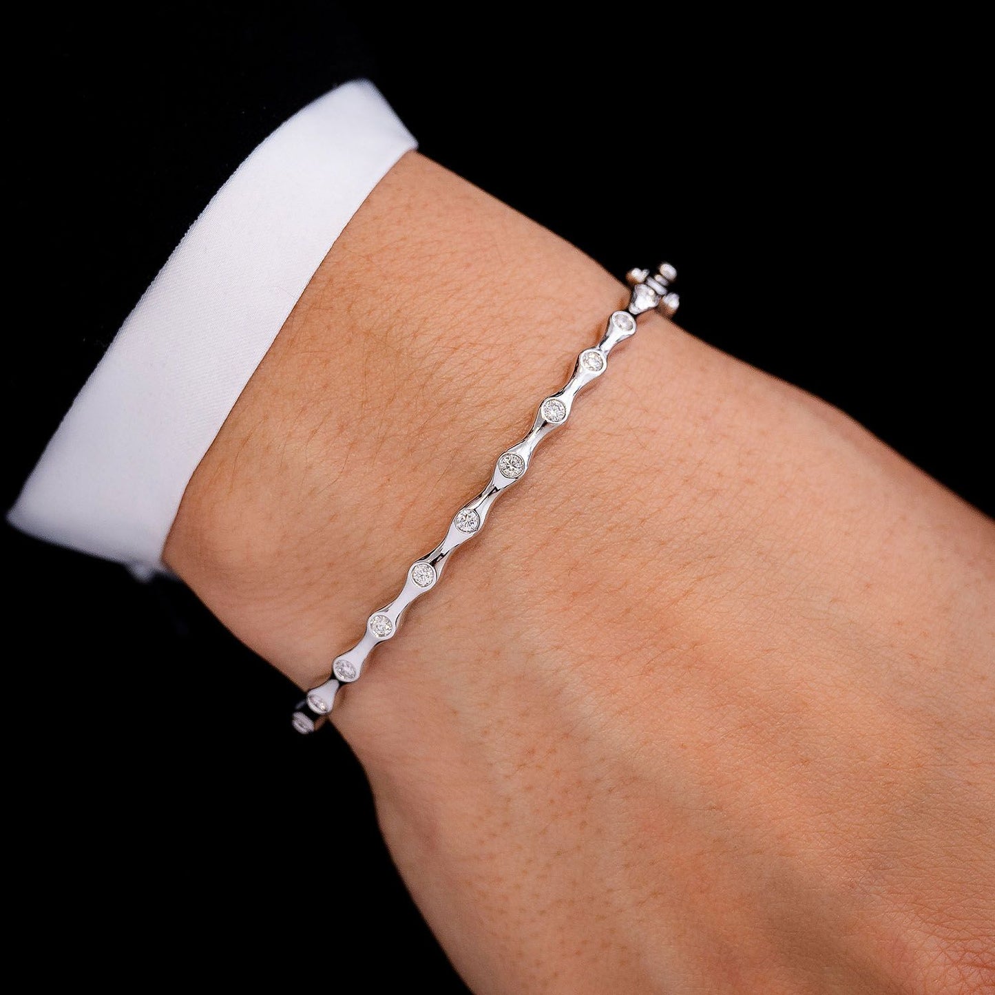 BAMBOO DIAMOND BANGLE BRACELET 0.35CTW 14K SOLID WHITE GOLD