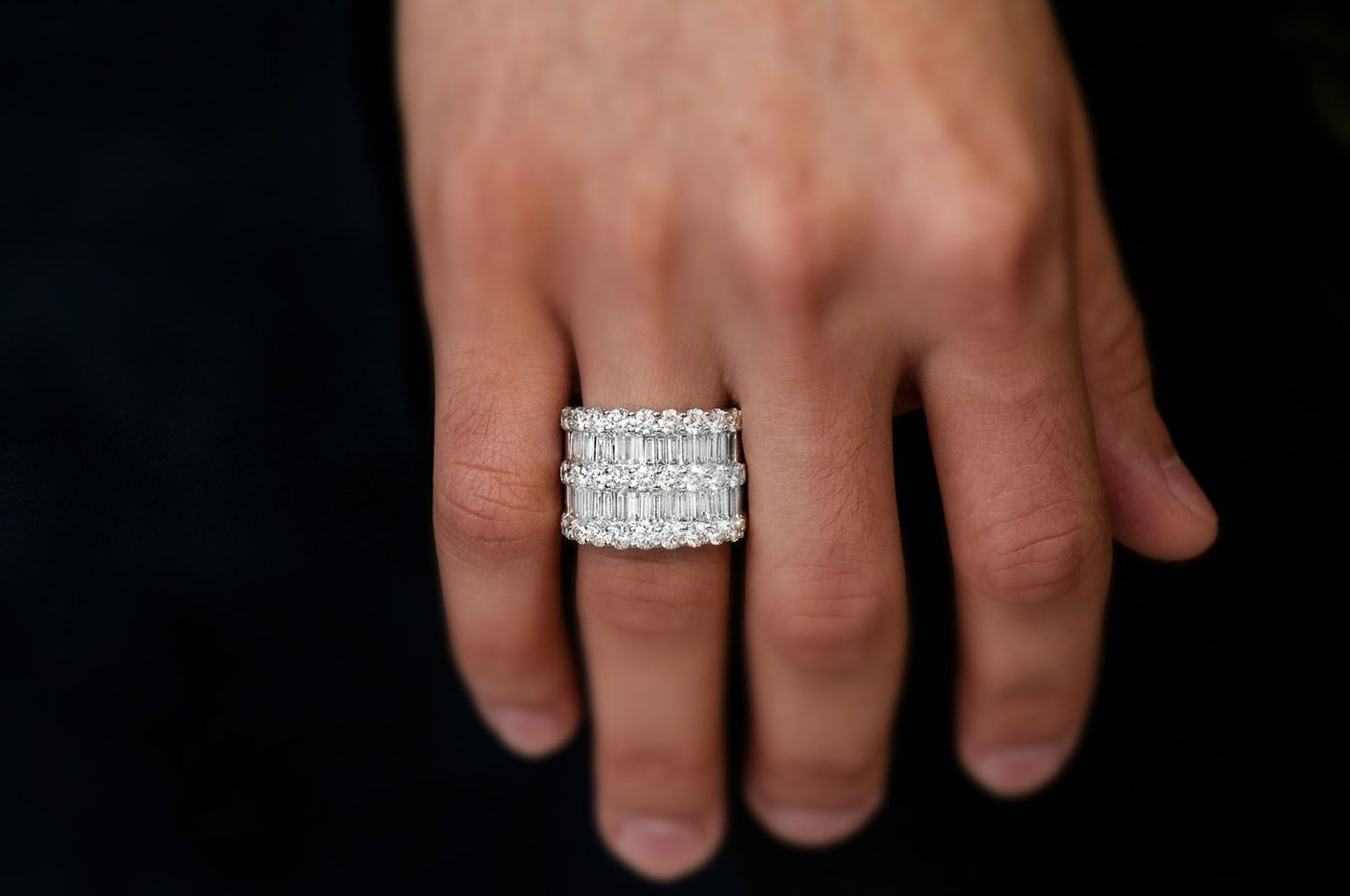 SUPER THREE ROW ROUND & BAGUETTE DIAMOND RING 14K SOLID GOLD 5.25CTW