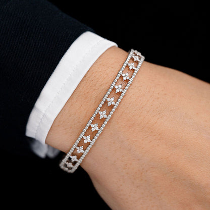 DIAMOND BEADED OPEN FOUR PETAL FLEX BANGLE BRACELET 0.65CTW 14K SOLID GOLD