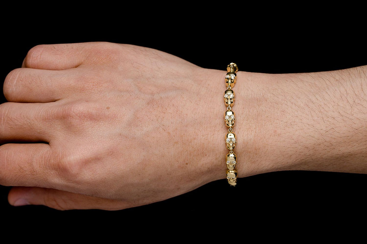 BLACK DIAMOND & WHITE DIAMOND SKULL LINK BRACELET 14K SOLID GOLD 1.50CTW