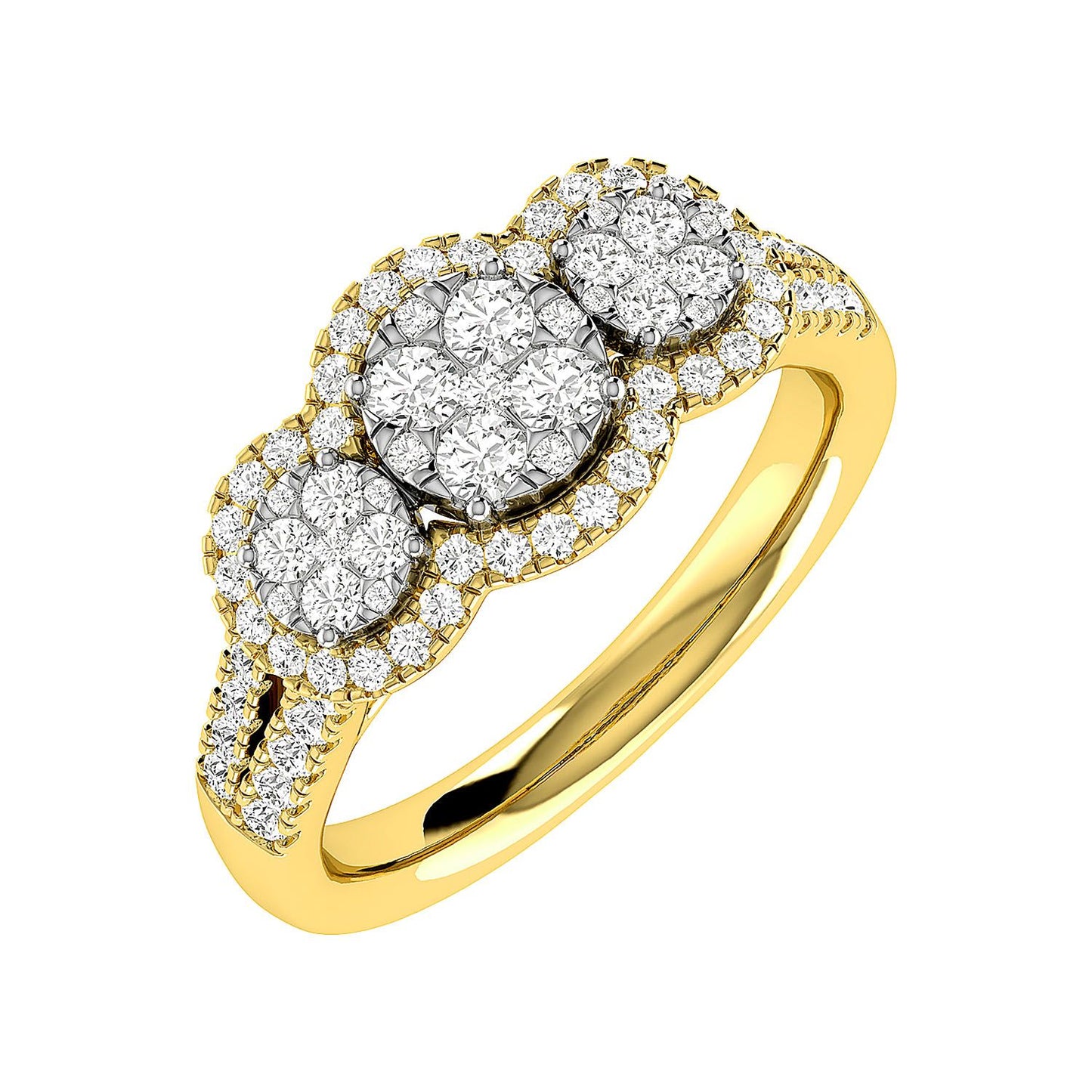 3 STONE CLUSTER SPLIT SHANK DIAMOND ENGAGEMENT RING 0.85CTW - 14K SOLID GOLD